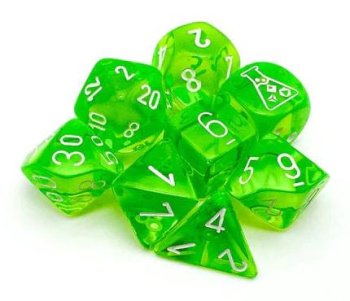 CHESSEX - SET DE 8 DES - TRANSPARENT VERT RADIEUX / BLANC